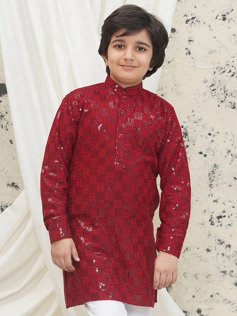 AJ Dezines Maroon Full sleeves Sequenced Chikankari Kurta For Boys