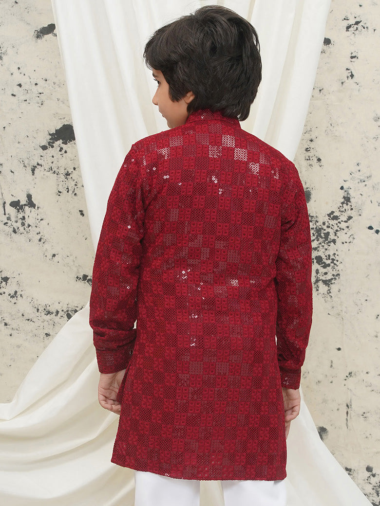 AJ Dezines Maroon Full sleeves Sequenced Chikankari Kurta For Boys