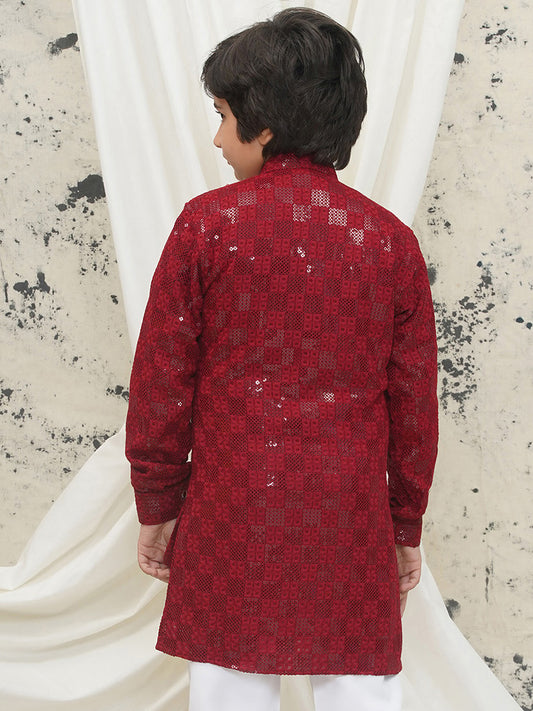 AJ Dezines Maroon Full sleeves Sequenced Chikankari Kurta For Boys