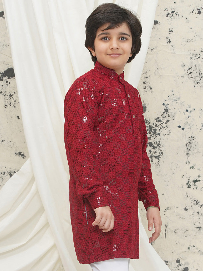AJ Dezines Maroon Full sleeves Sequenced Chikankari Kurta For Boys