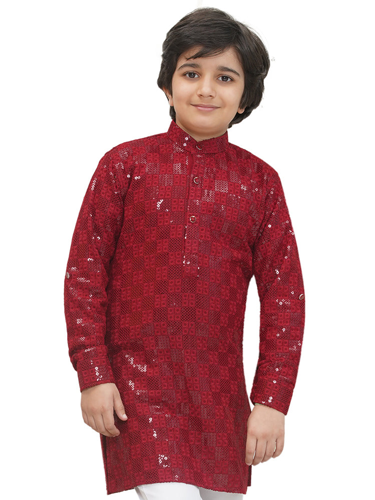 AJ Dezines Maroon Full sleeves Sequenced Chikankari Kurta For Boys