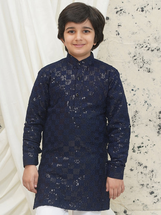 AJ Dezines Dark Blue Full sleeves Sequenced Chikankari Kurta For Boys