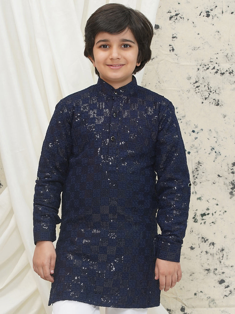 Dark Blue Full sleeves Sequenced Chikankari Kurta For Boys