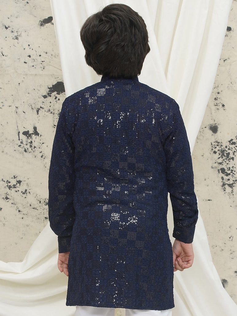 AJ Dezines Dark Blue Full sleeves Sequenced Chikankari Kurta For Boys