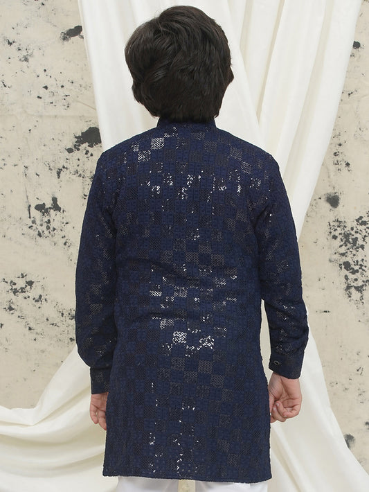 AJ Dezines Dark Blue Full sleeves Sequenced Chikankari Kurta For Boys