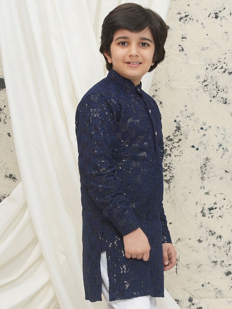 Dark Blue Full sleeves Sequenced Chikankari Kurta For Boys
