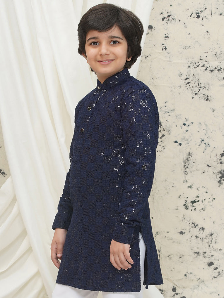 Dark Blue Full sleeves Sequenced Chikankari Kurta For Boys