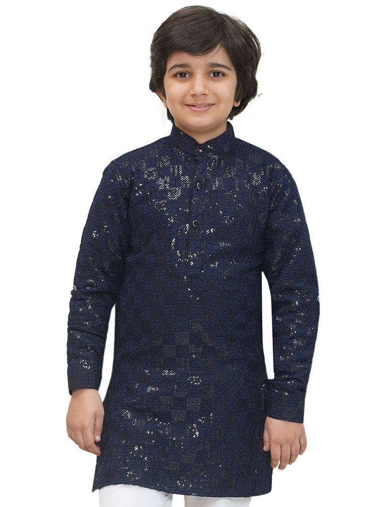 Dark Blue Full sleeves Sequenced Chikankari Kurta For Boys