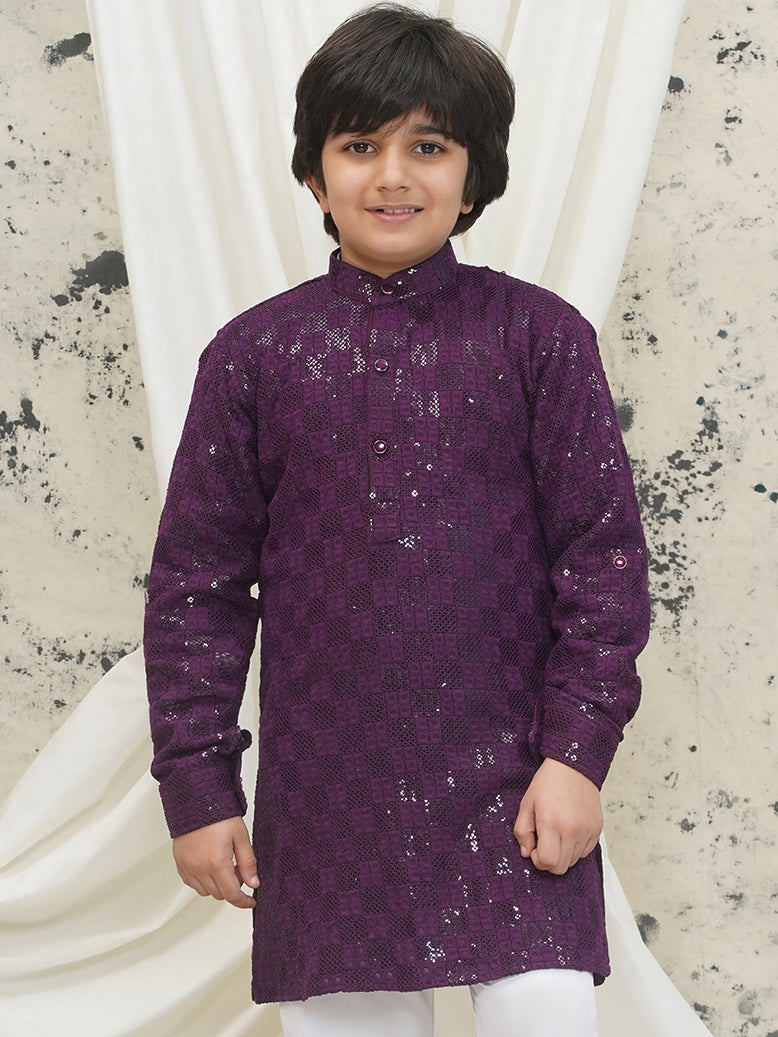 AJ Dezines Purple Full sleeves Sequenced Chikankari Kurta For Boys