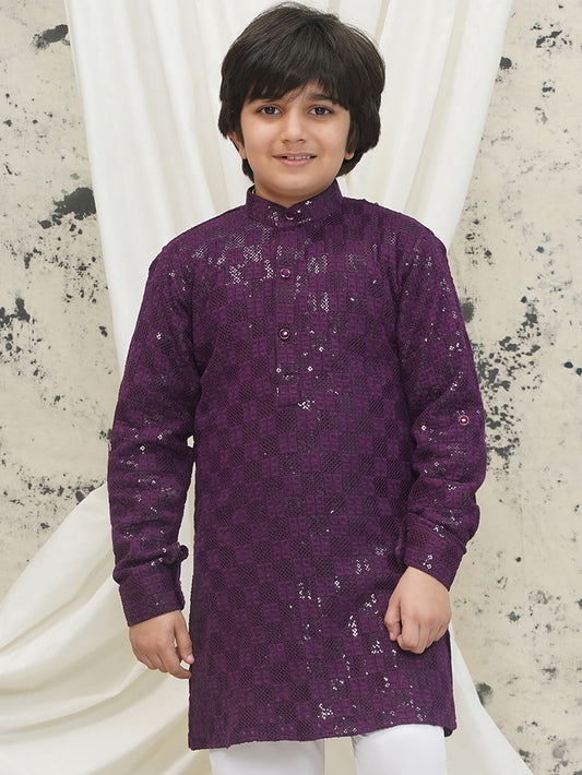 AJ Dezines Purple Full sleeves Sequenced Chikankari Kurta For Boys