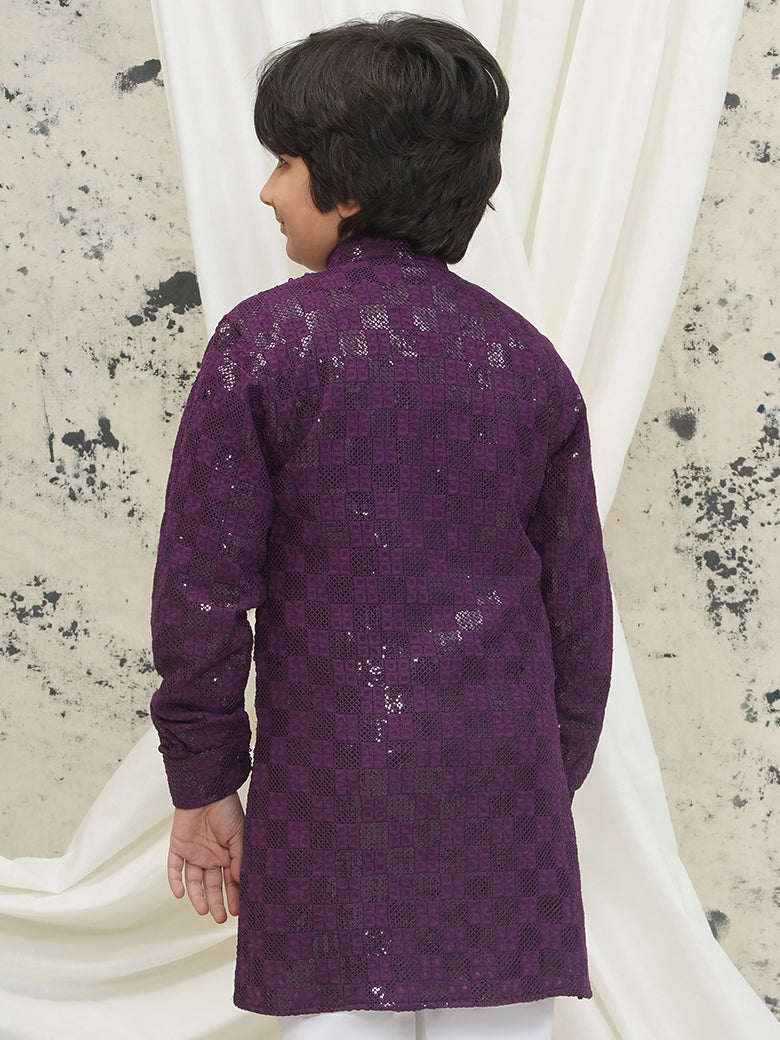 Purple Full sleeves Sequenced Chikankari Kurta For Boys