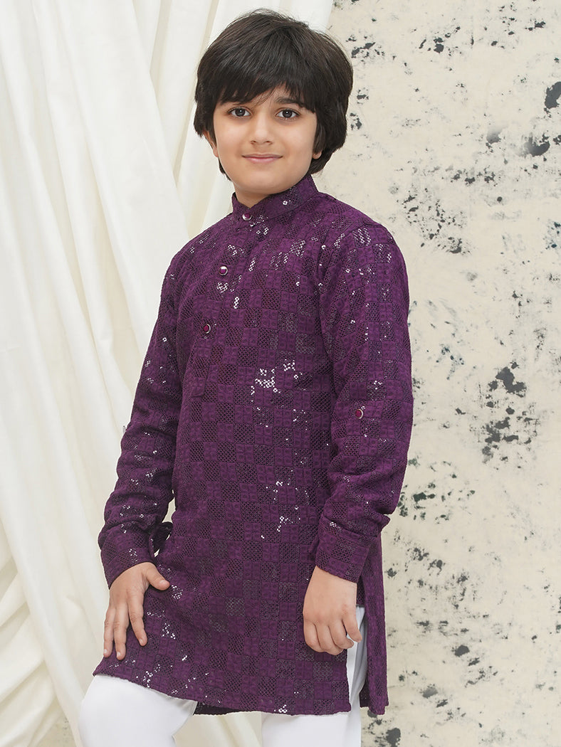 AJ Dezines Purple Full sleeves Sequenced Chikankari Kurta For Boys