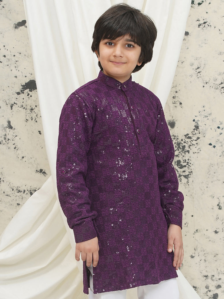 Purple Full sleeves Sequenced Chikankari Kurta For Boys