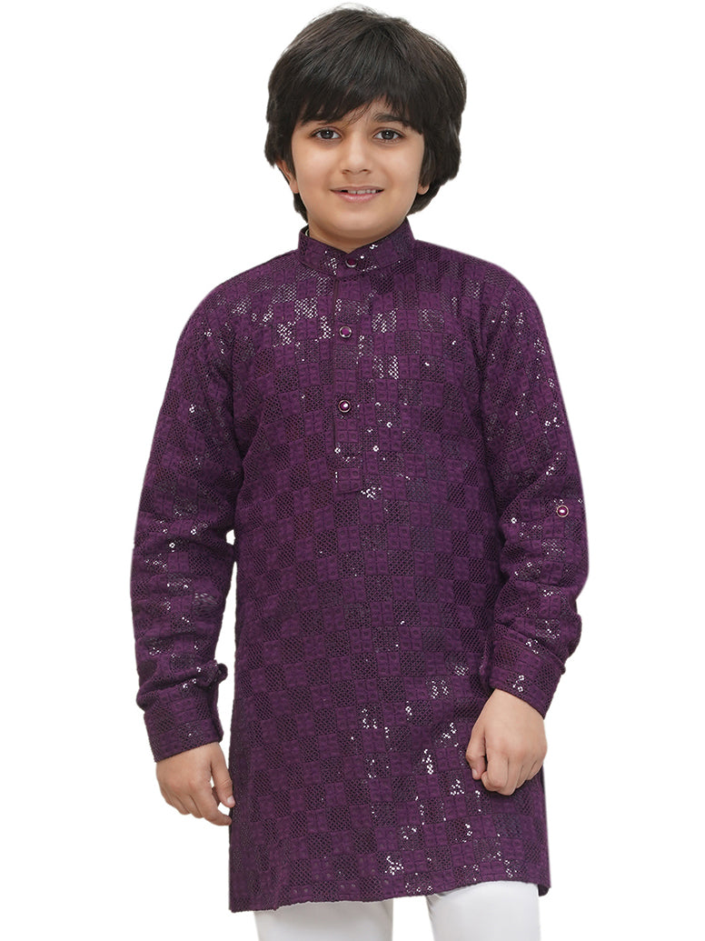 Purple Full sleeves Sequenced Chikankari Kurta For Boys