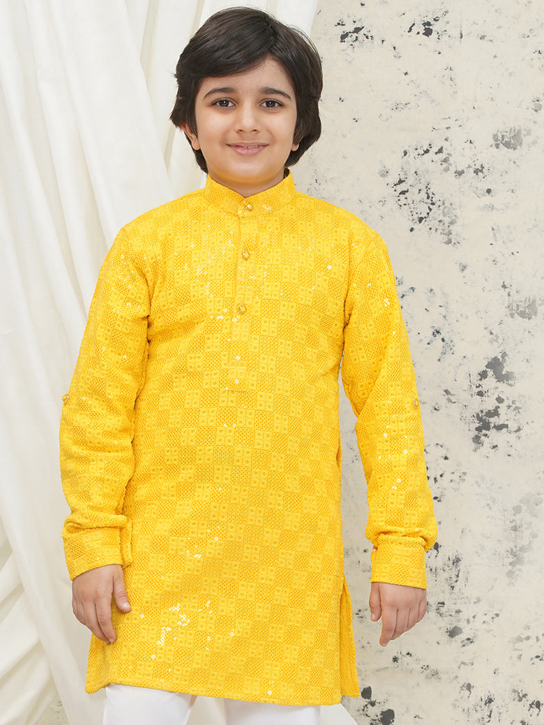 Yellow Full sleeves Sequenced Chikankari Kurta For Boys