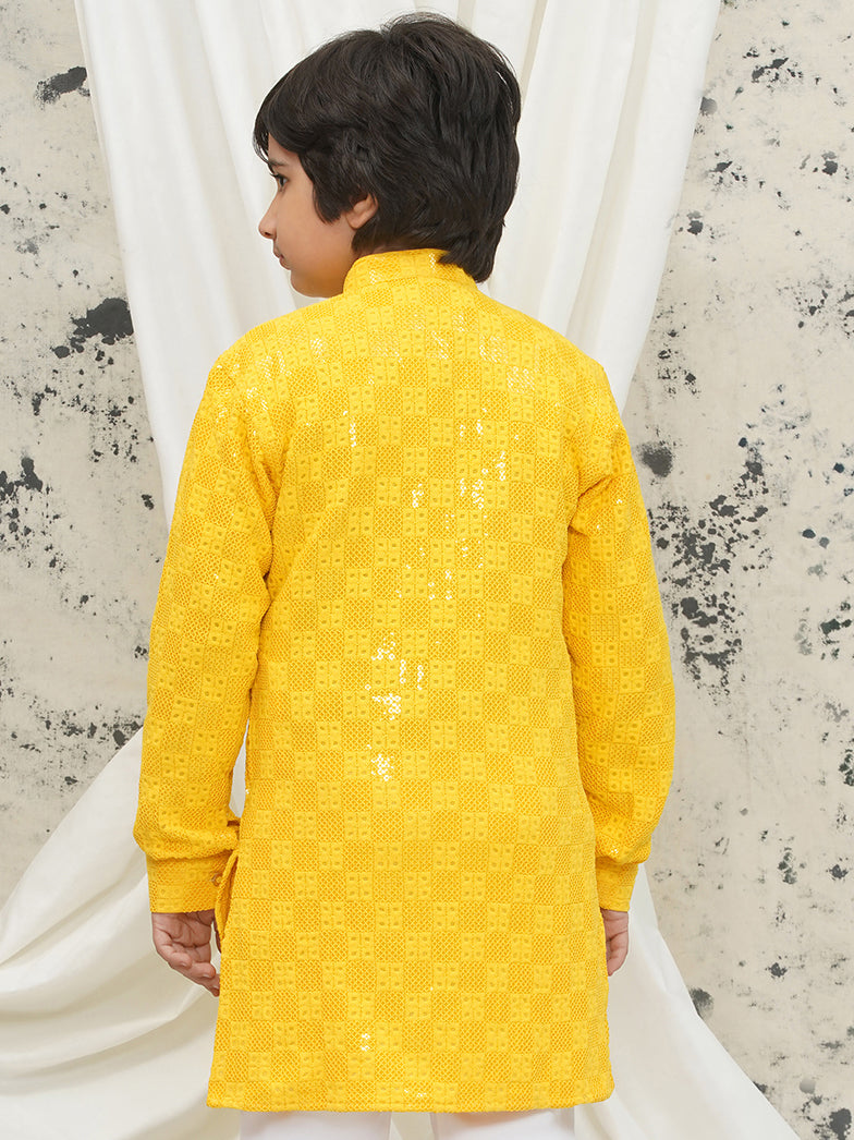 AJ Dezines Yellow Full sleeves Sequenced Chikankari Kurta For Boys