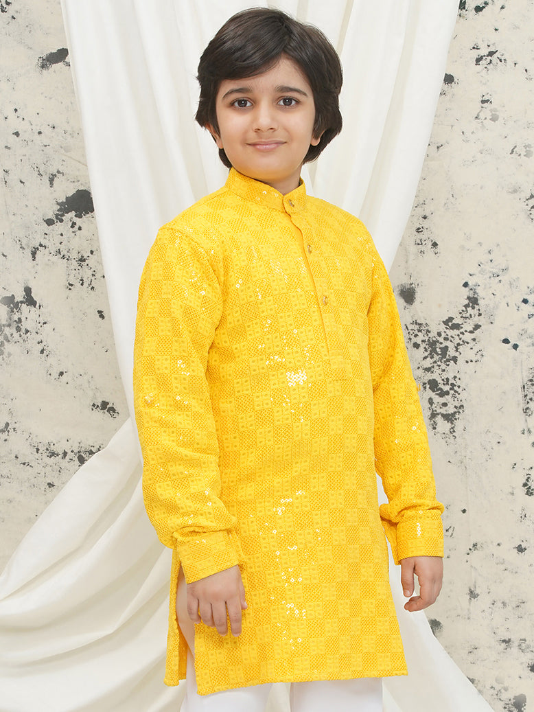 AJ Dezines Yellow Full sleeves Sequenced Chikankari Kurta For Boys
