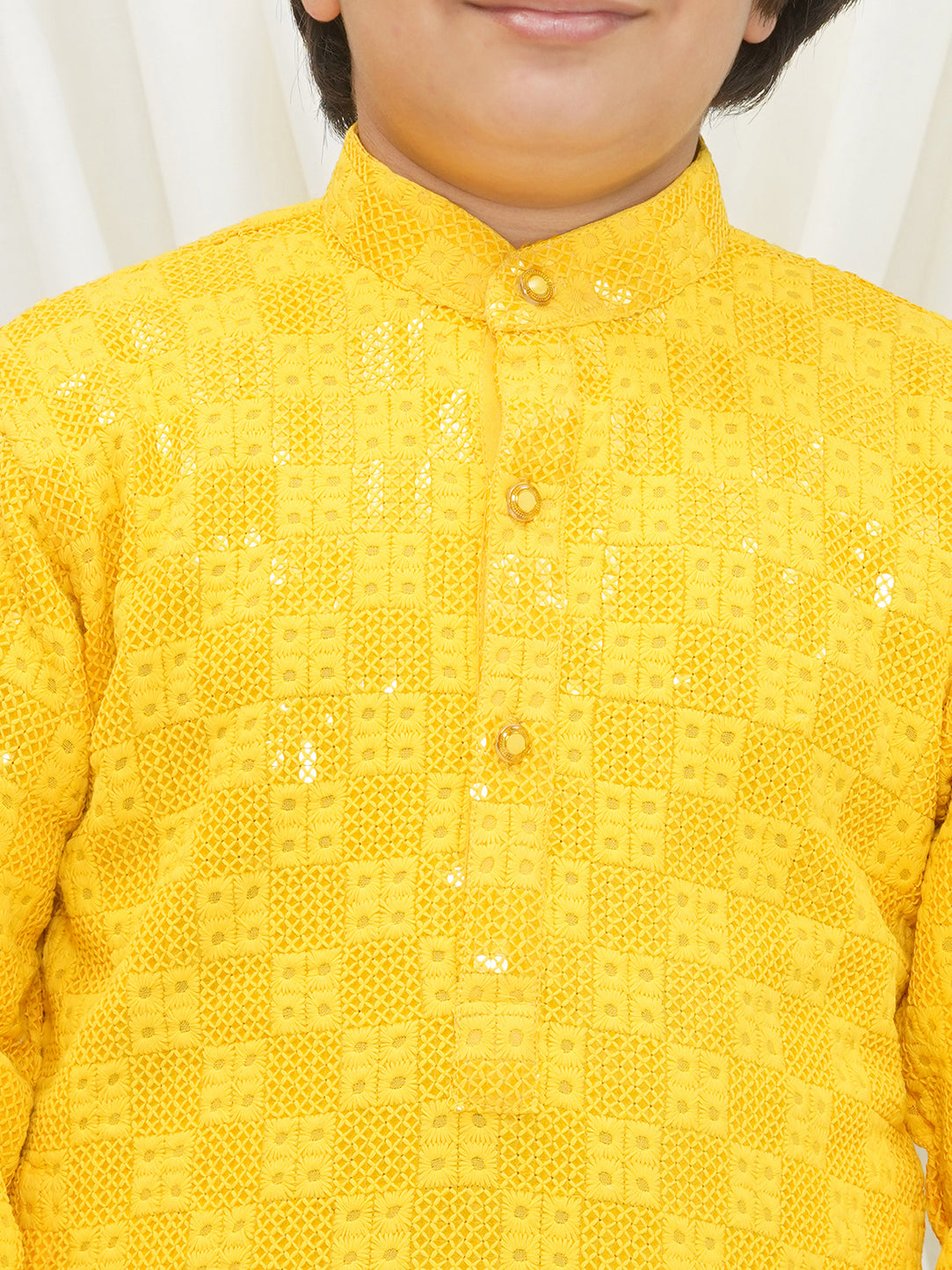 Yellow Full sleeves Sequenced Chikankari Kurta For Boys