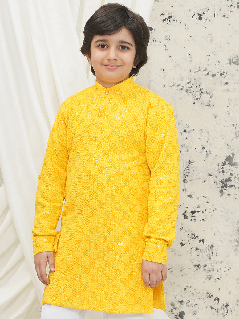 Yellow Full sleeves Sequenced Chikankari Kurta For Boys