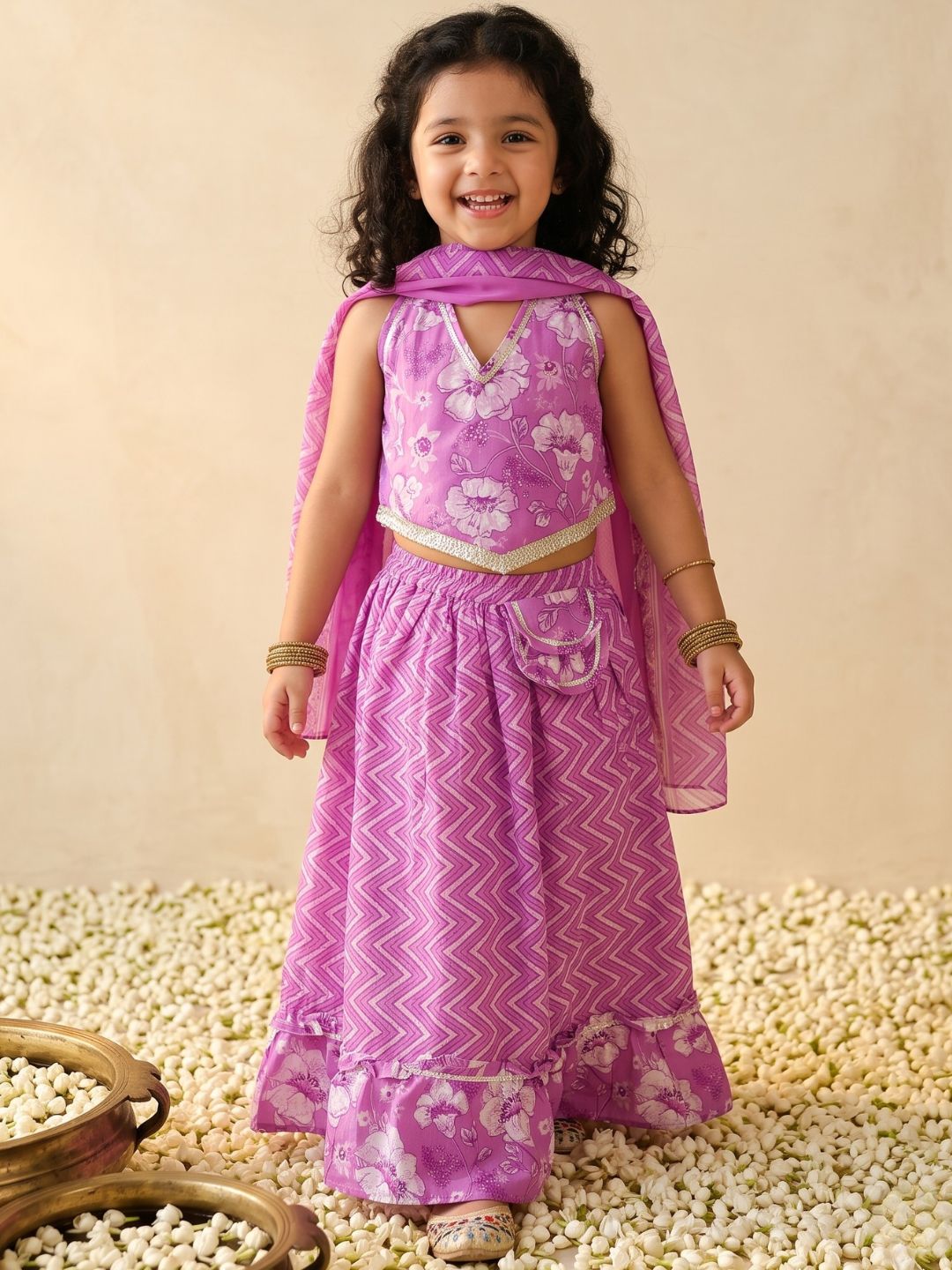 Purple Cotton Sleeveless Floral Printed Lehenga Choli for Girls
