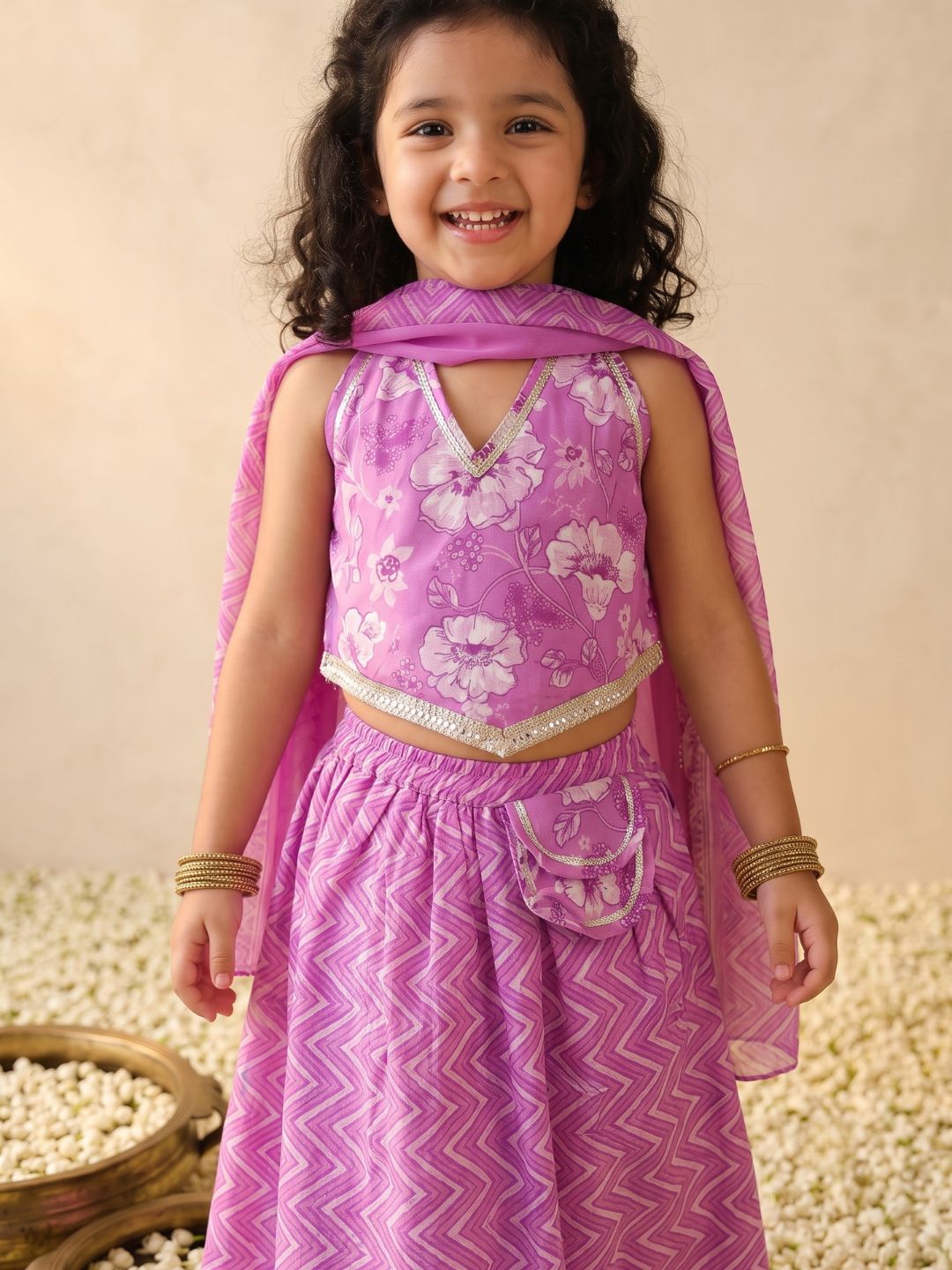 Purple Cotton Sleeveless Floral Printed Lehenga Choli for Girls