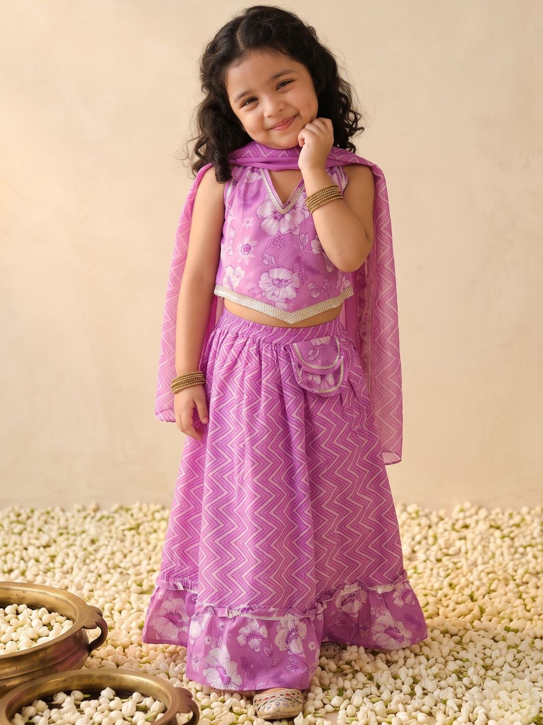 Purple Cotton Sleeveless Floral Printed Lehenga Choli for Girls