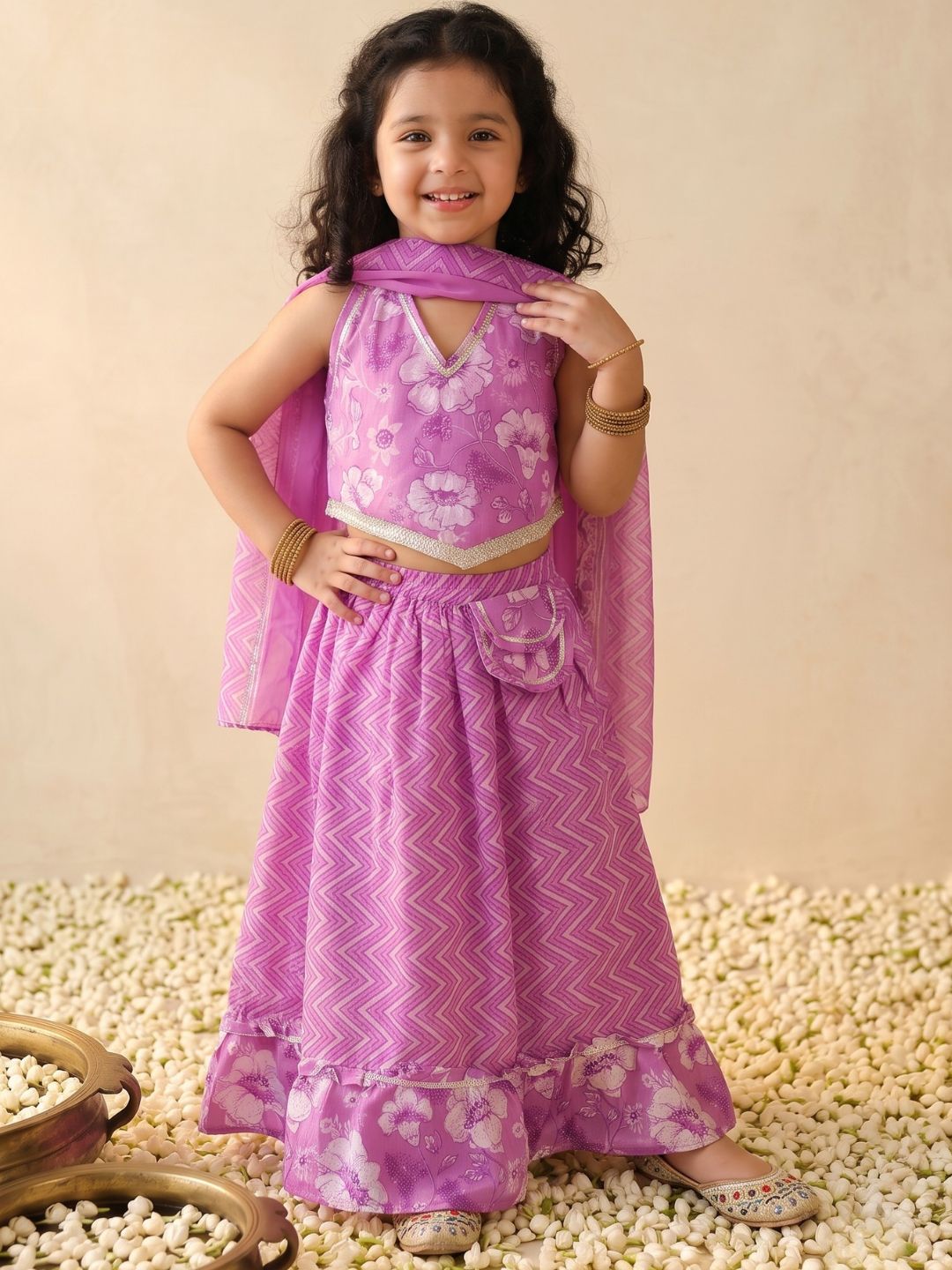 Purple Cotton Sleeveless Floral Printed Lehenga Choli for Girls