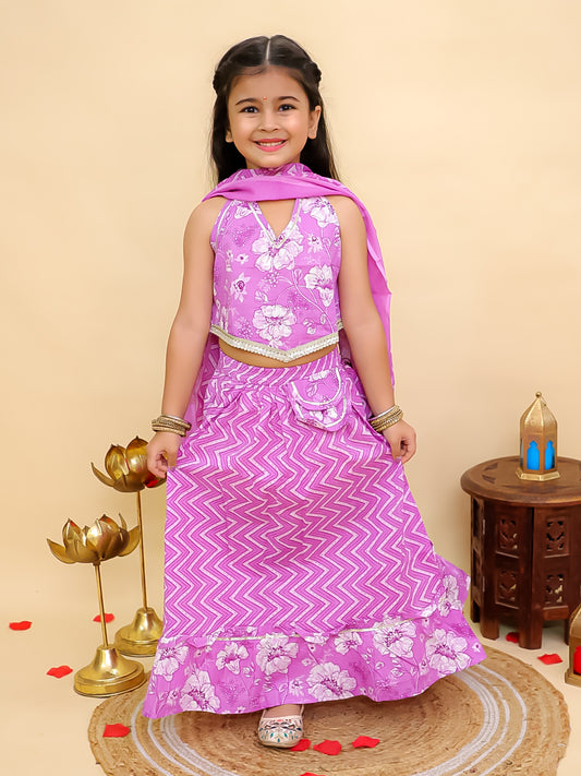 Aj Dezines Purple Cotton Sleeveless Floral Printed Lehenga Choli for Girls