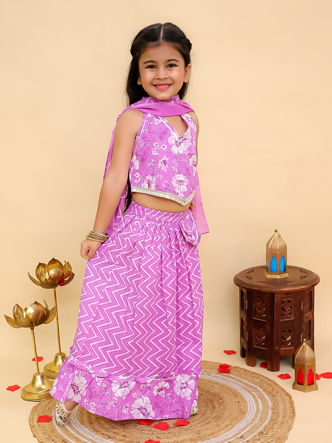 Aj Dezines Purple Cotton Sleeveless Floral Printed Lehenga Choli for Girls