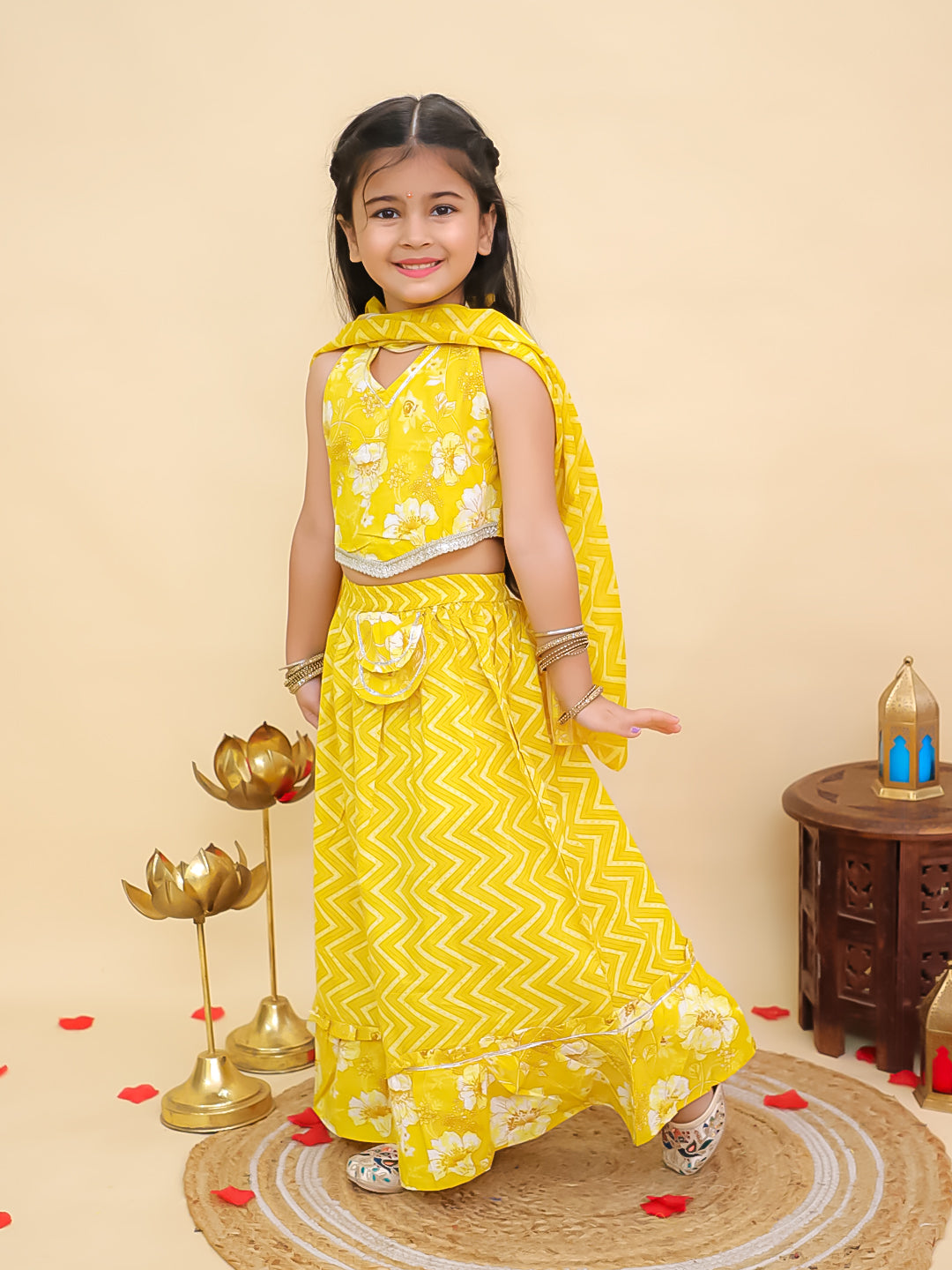 Yellow Cotton Sleeveless Floral Printed Lehenga Choli for Girls
