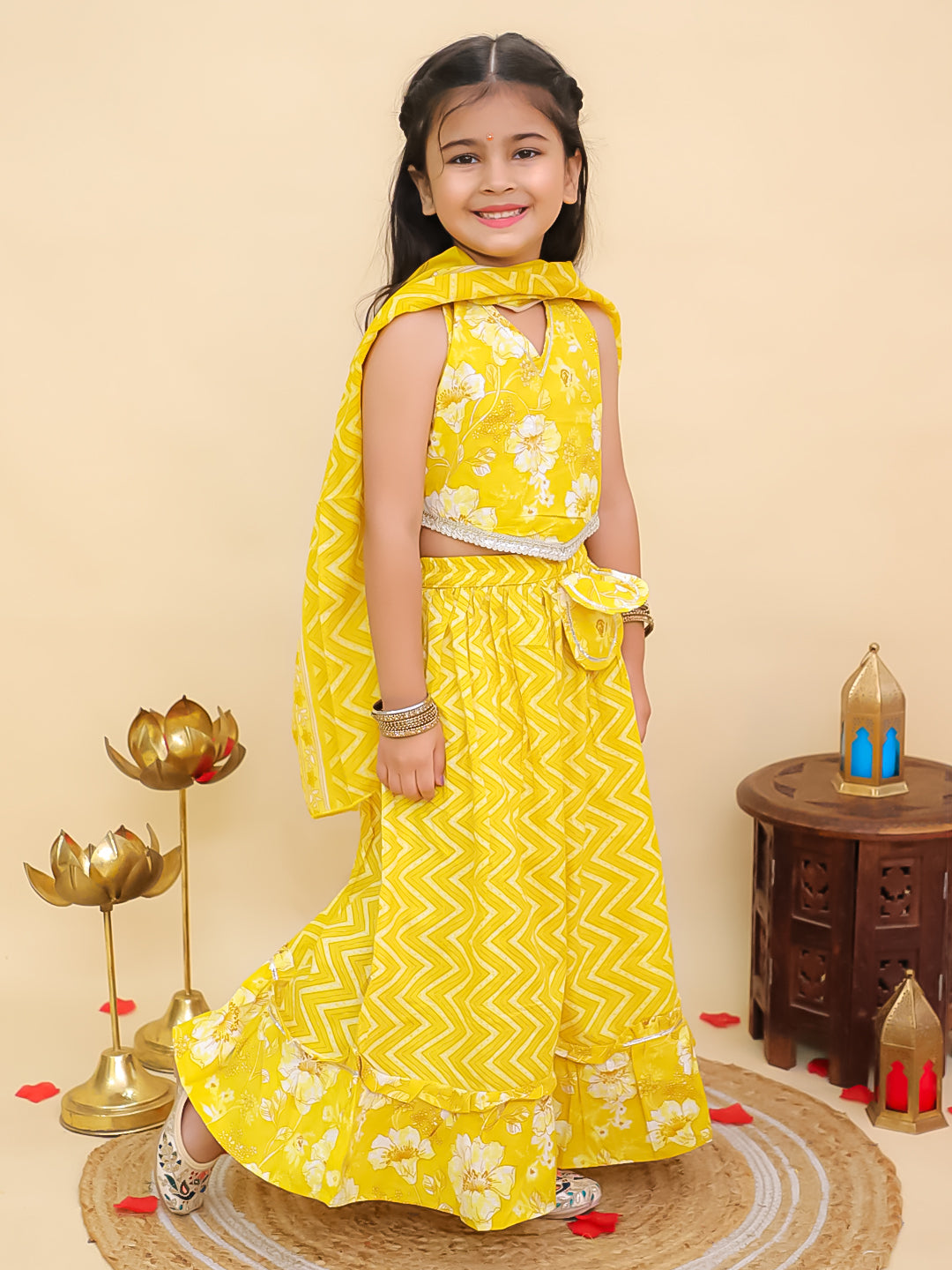 Yellow Cotton Sleeveless Floral Printed Lehenga Choli for Girls
