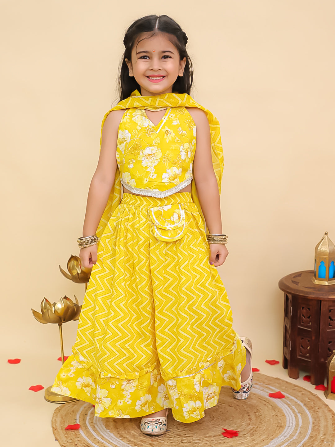 Yellow Cotton Sleeveless Floral Printed Lehenga Choli for Girls