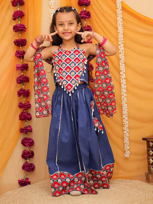 Blue Cotton Sleeveless Floral Printed  And Gotta Work Lehenga Choli