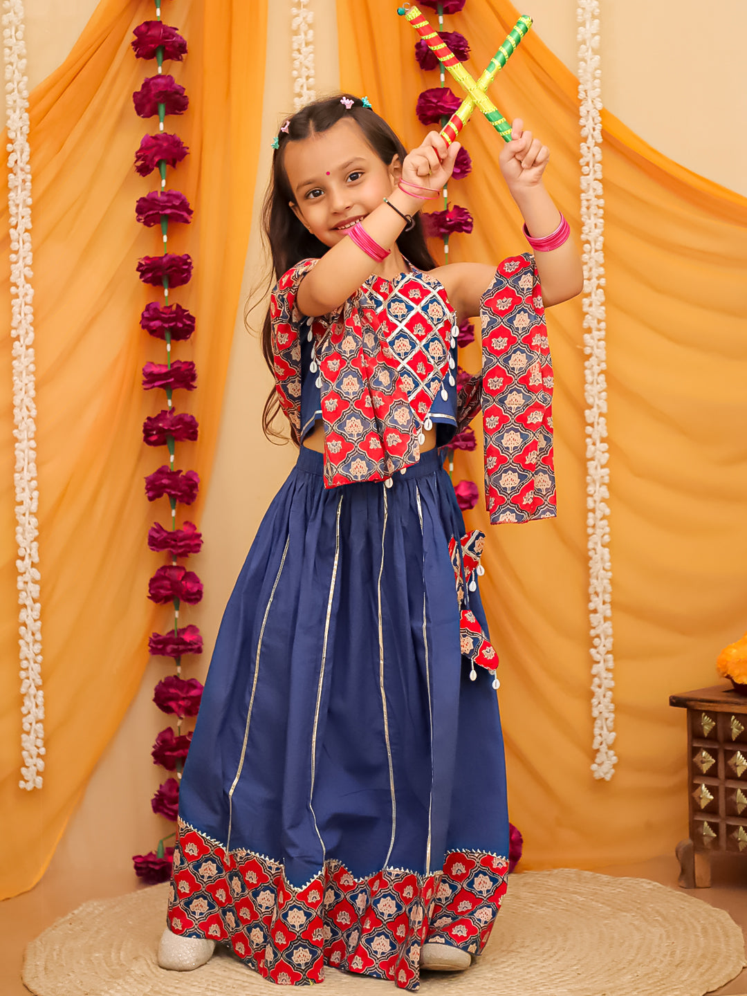 Blue Cotton Sleeveless Floral Printed  And Gotta Work Lehenga Choli