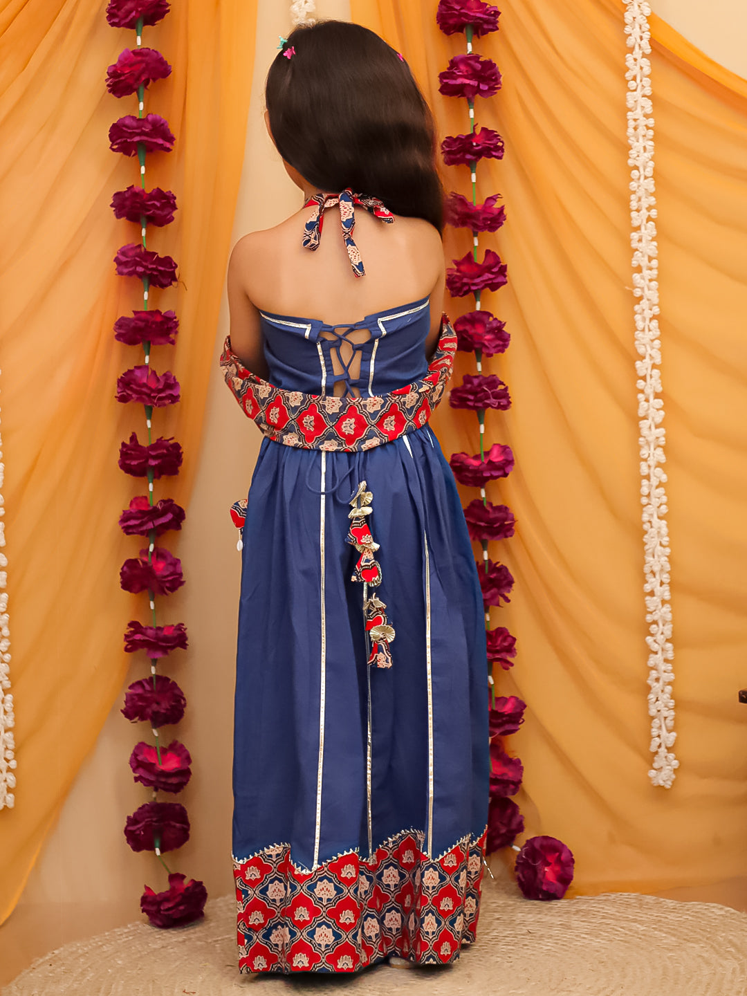 Blue Cotton Sleeveless Floral Printed  And Gotta Work Lehenga Choli