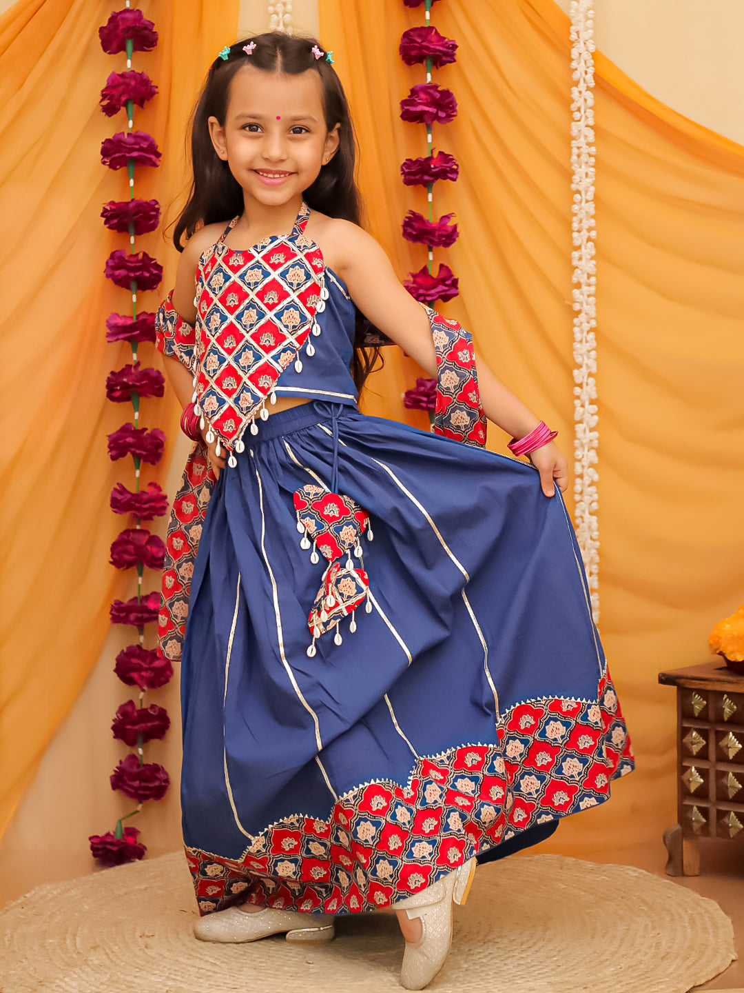 Blue Cotton Sleeveless Floral Printed  And Gotta Work Lehenga Choli