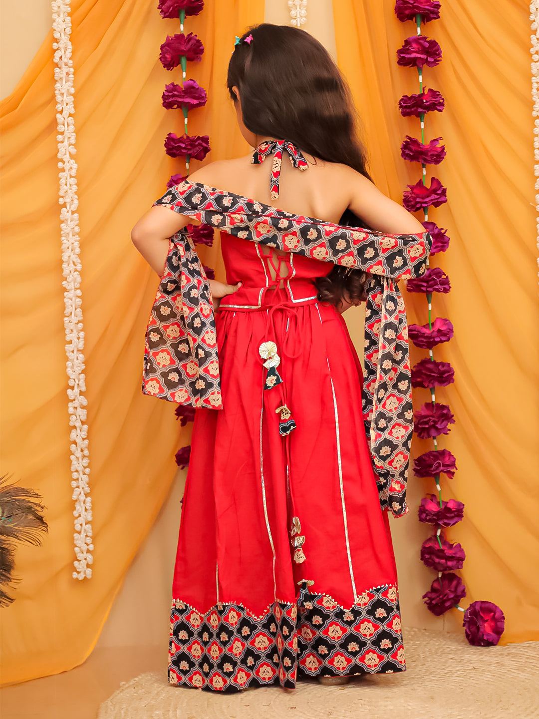 Red Cotton Sleeveless Floral Printed  And Gotta Work Lehenga Choli