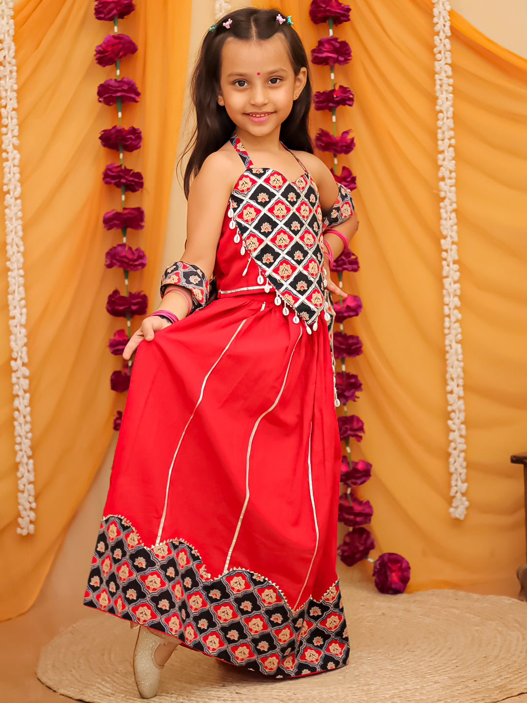 Red Cotton Sleeveless Floral Printed  And Gotta Work Lehenga Choli