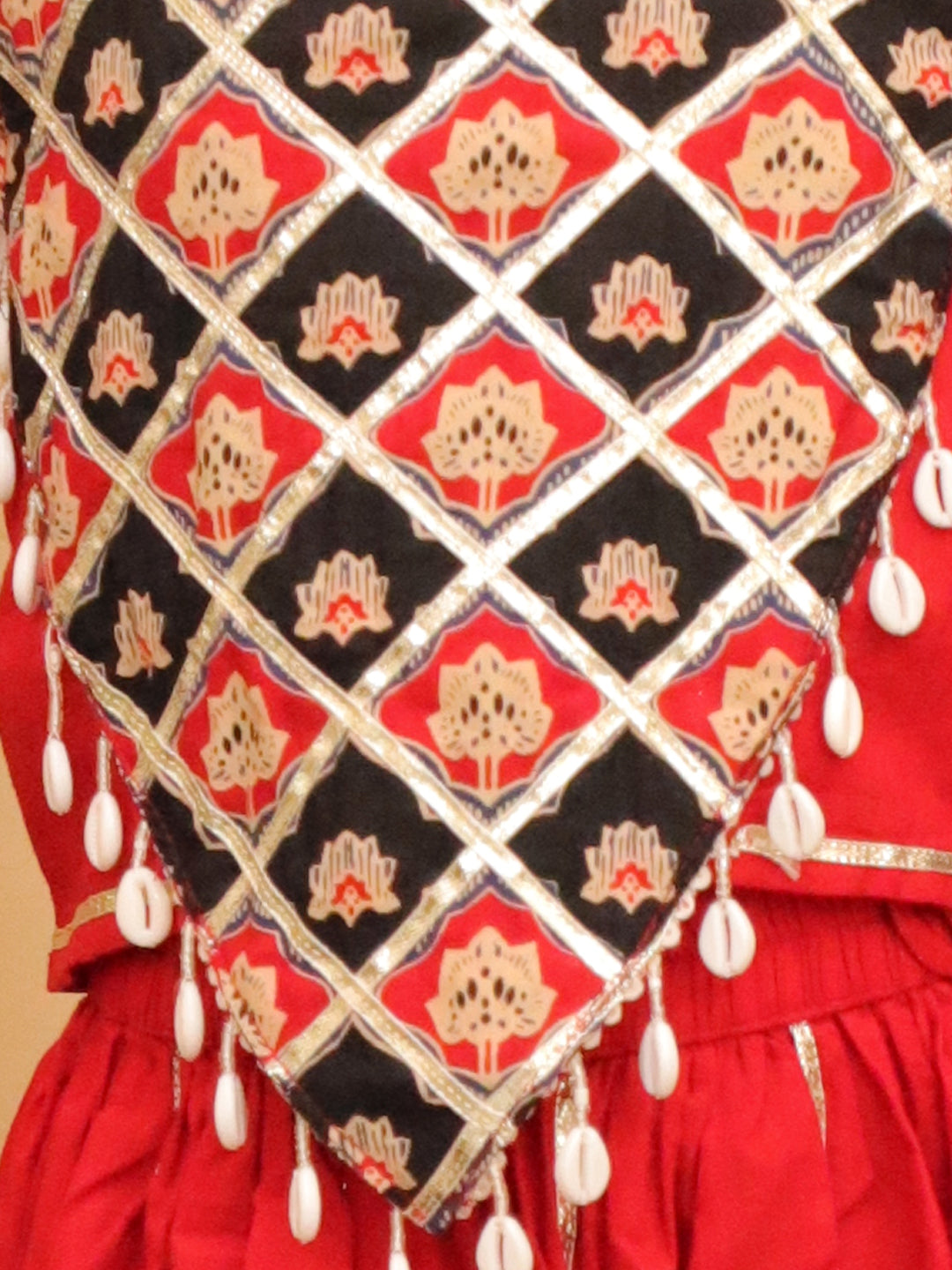Red Cotton Sleeveless Floral Printed  And Gotta Work Lehenga Choli