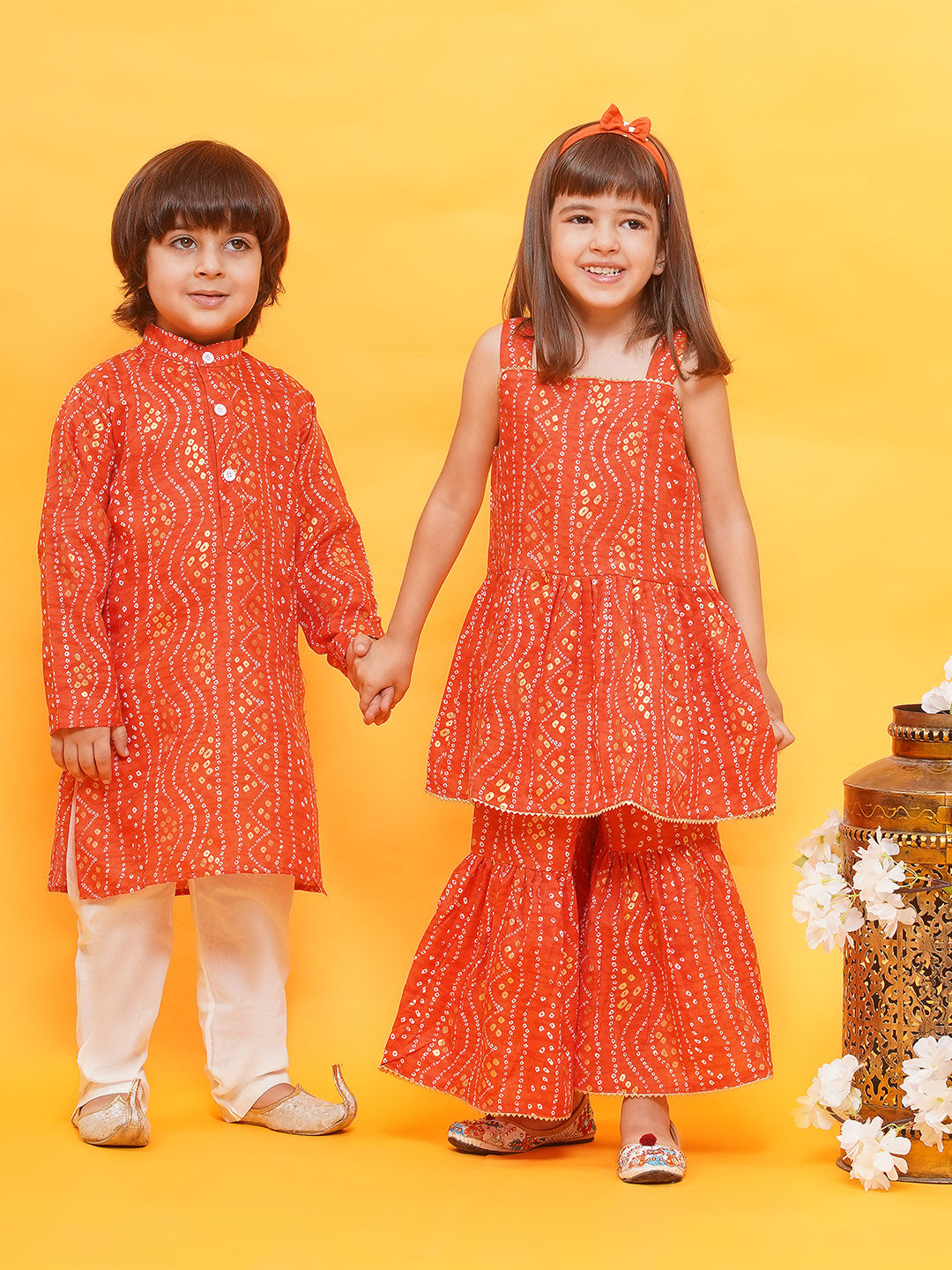 Boys Pure Cotton Kurta Pyjama and Girls Lehenga Sibling Sets-Red