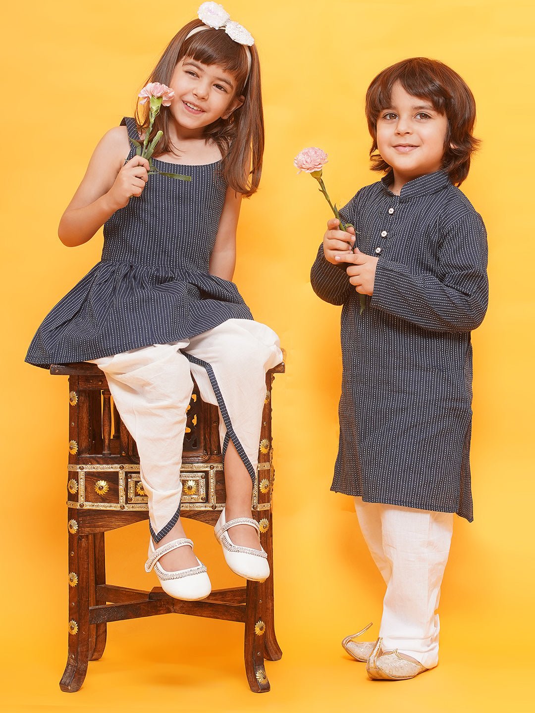 Boys Striped Pure Cotton Kurta Pyjamas & Girls Kurta Dhoti Pants-Sibling Sets -BLUE