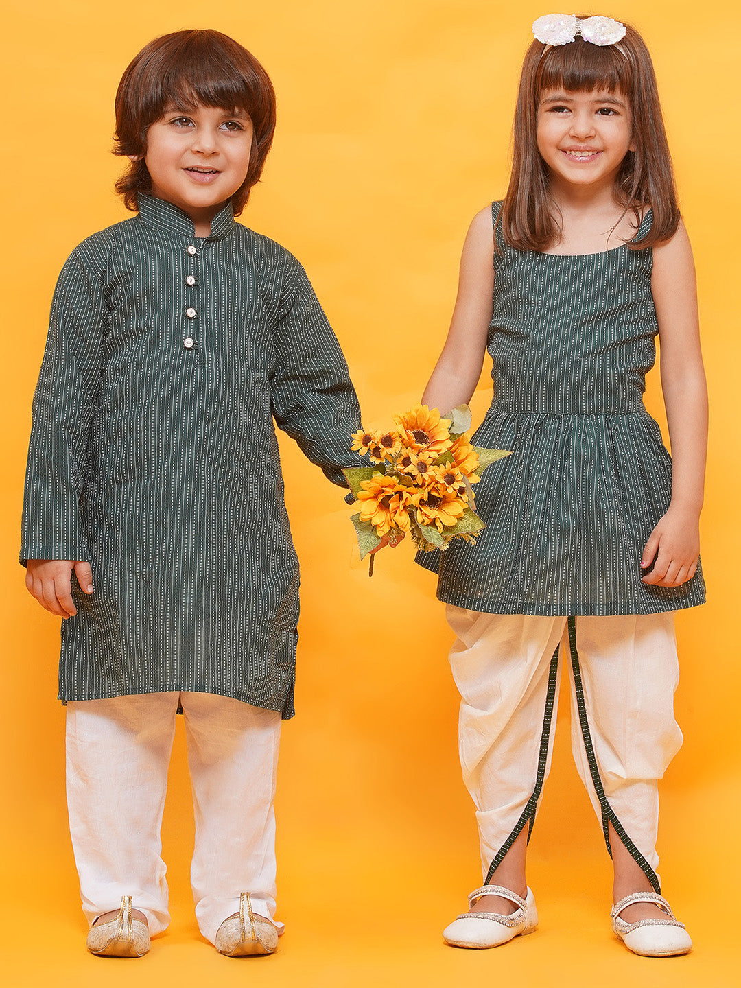 Boys Pure Cotton Kurta Pyjamas and Girls Kurta With Dhoti Pants-Sibling Sets -Green