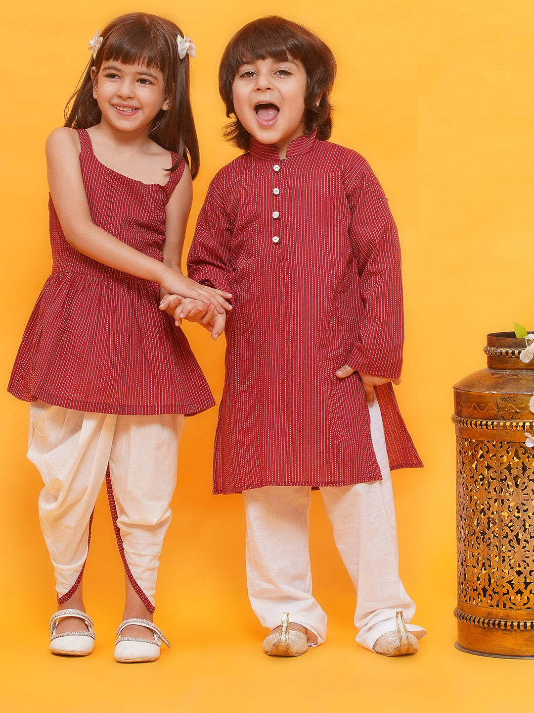 Boys Pure Cotton Kurta Pyjamas and Girls Kurta With Dhoti Pants-Sibling Sets -Red