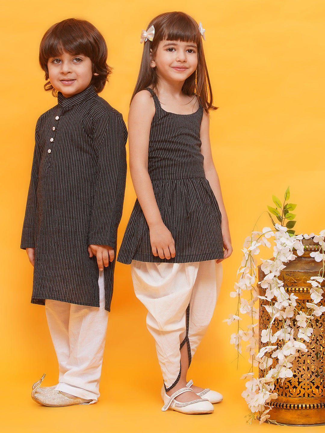 Boys Pure Cotton Kurta Pyjamas and Girls Kurta With Dhoti Pants-Sibling Sets -Black