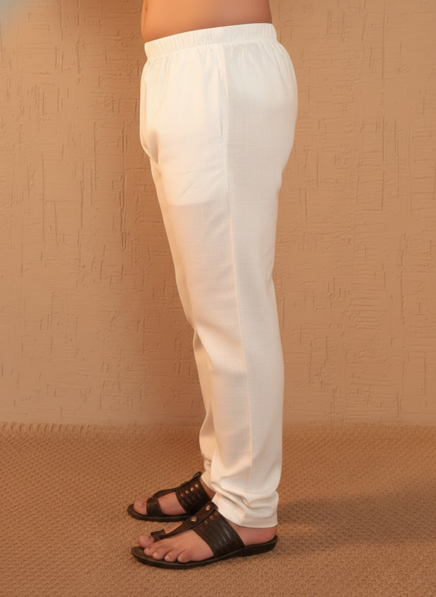 White Cotton Solid Ethnic Pyjama For Boys