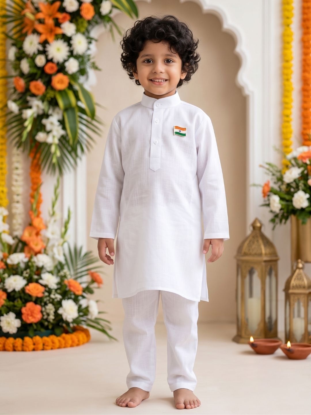 AJ Dezines White Solid Pure Cotton Kurta Pyjama Set With Tiranga Brooch For Boys