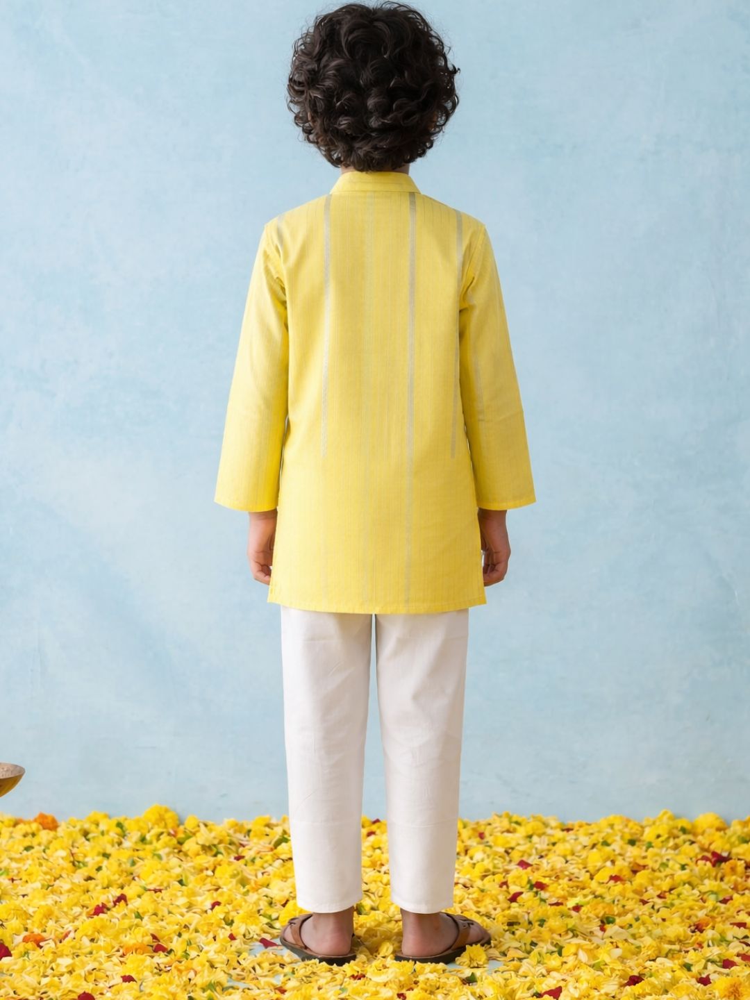 Yellow Printed Pure Cotton Kurta Pyjama Waist Coat Set For Boys And Kurti and Sharara Set For Girls