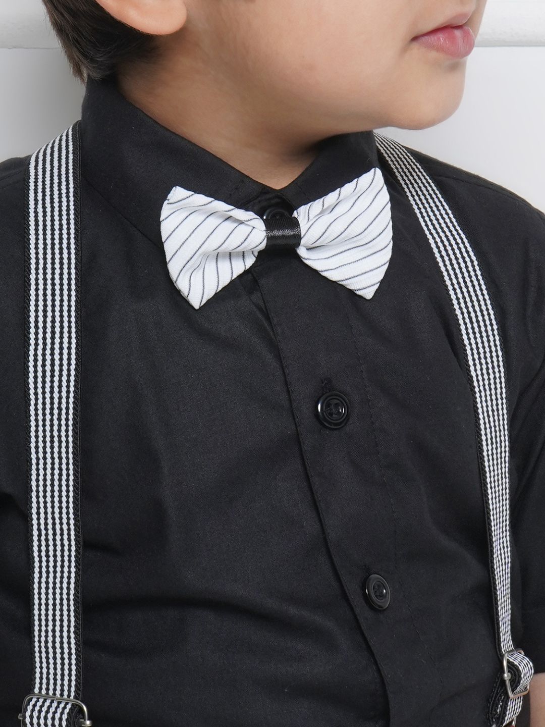 Boys Black Cotton Shirt & Shorts Set  with Suspenders, Bow Tie & Cap for Kids