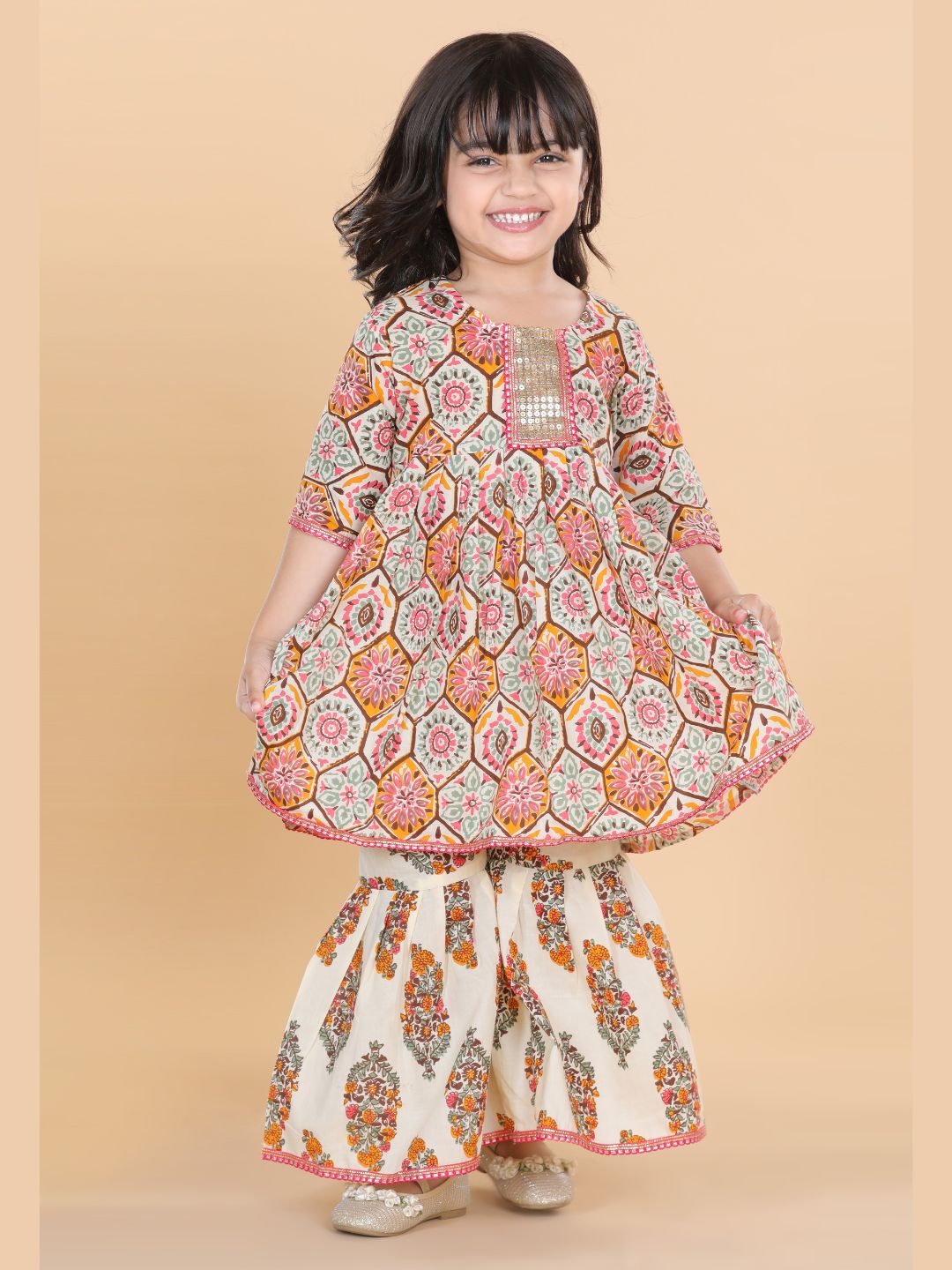 Girls White Printed Pure Cotton Sharara for Kids
