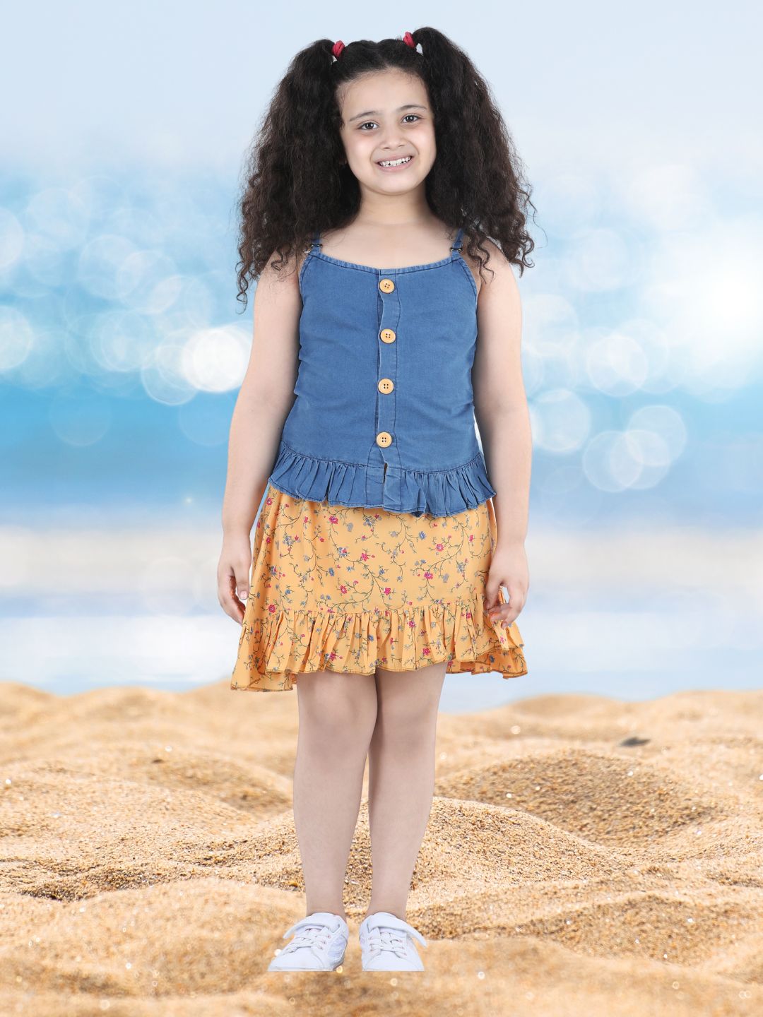 Girls Yellow Solid Denim Top & Bottom Set for Kids